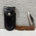 Vintage MAXAM STEEL LB 440  Folding Lockback Knife Wood Handle With Sheath