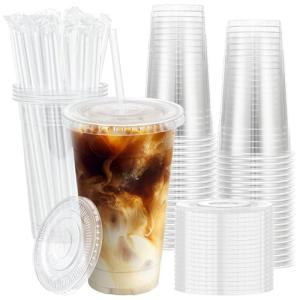 Lamosi 100 Pack Clear Iced Coffee Cups with Lids