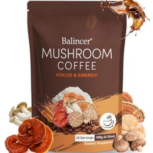 Mushroom Coffee, 6 Adaptogenic Mushrooms with Lion's Mane, Cordyceps, Turkey Tail & More, Instant Mushroom Coffee for Focus, Energy, Immune & Digestion Support