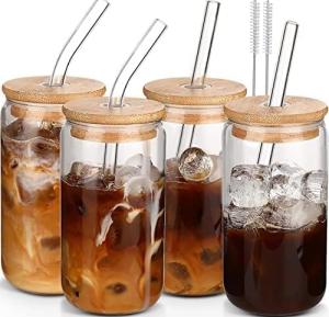 4-Pack Glass Coffee Cups with Lids and Straws