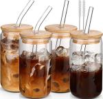4-Pack Glass Coffee Cups with Lids and Straws