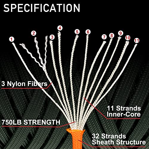 XKDOUS Paracord 750 lb 120ft Black Parachute Cord, 100% Nylon 11 Strand Inner Core Type IV Tactical Paracord Rope, Outside Survival Gear for Bracelets, Lanyards, Handle Wraps, Camping & Hiking