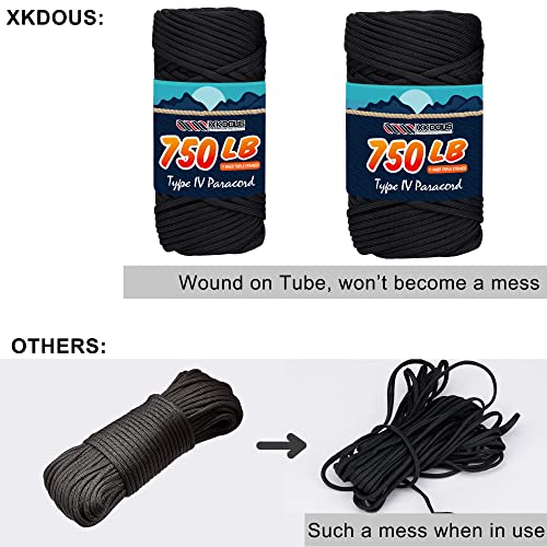 XKDOUS Paracord 750 lb 120ft Black Parachute Cord, 100% Nylon 11 Strand Inner Core Type IV Tactical Paracord Rope, Outside Survival Gear for Bracelets, Lanyards, Handle Wraps, Camping & Hiking