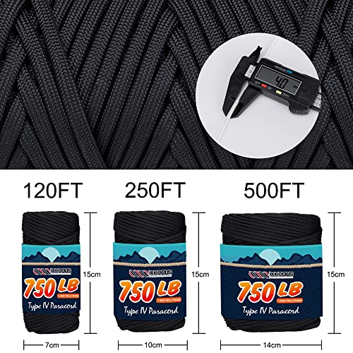XKDOUS Paracord 750 lb 120ft Black Parachute Cord, 100% Nylon 11 Strand Inner Core Type IV Tactical Paracord Rope, Outside Survival Gear for Bracelets, Lanyards, Handle Wraps, Camping & Hiking