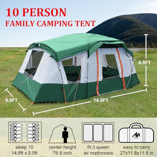 AYAMAYA Camping Tents for 6-8 Person with 2 Porch, Double Layer Waterproof 4 Season Tent with Strong Poles, Big Family Cabin Tent Consist of Flysheet & Inner Tent for Beach Backyard Outdoor Emergency