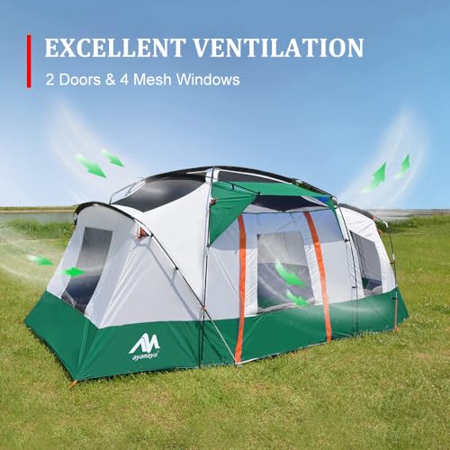 AYAMAYA Camping Tents for 6-8 Person with 2 Porch, Double Layer Waterproof 4 Season Tent with Strong Poles, Big Family Cabin Tent Consist of Flysheet & Inner Tent for Beach Backyard Outdoor Emergency