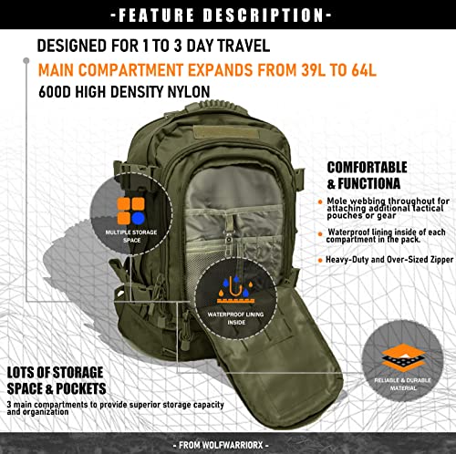 WolfWarriorX Tactical Backpack for Men - 3 Day