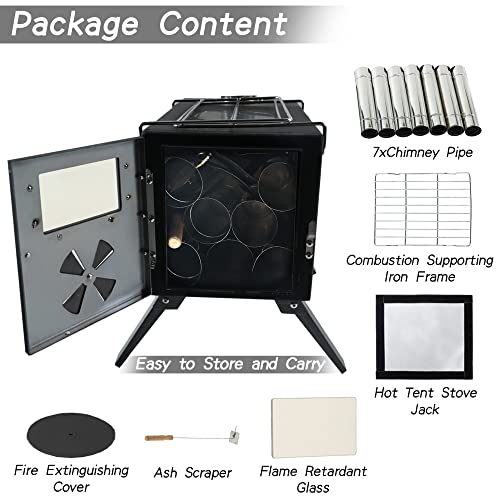 HOPUBUY Wood Stove Hot Tent Stove, Portable Camping Wood Burning Stove for Outdoor Cooking and Heating, Small Wood Stove with 7 Stainless Chimney Pipes and Tent Stove Jack