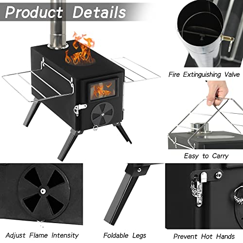 HOPUBUY Wood Stove Hot Tent Stove, Portable Camping Wood Burning Stove for Outdoor Cooking and Heating, Small Wood Stove with 7 Stainless Chimney Pipes and Tent Stove Jack