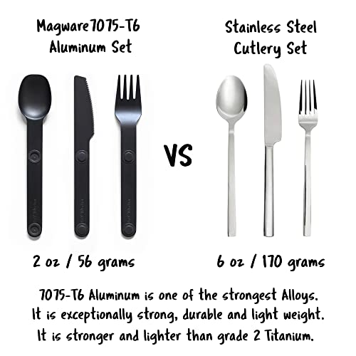 MAGWARE Magnetic Camping Utensil Set - Metal Travel Silverware Set with Case, Portable Silverware and Kids Lunch Box Utensils Set, Outdoor Backpacking Cutlery Set, Reusable Knife, Fork & Spoon (3 PCS)