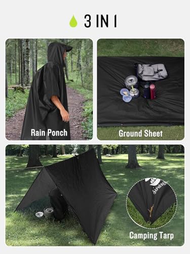 Waterproof Hooded Rain Poncho Jacket for Adults - Black