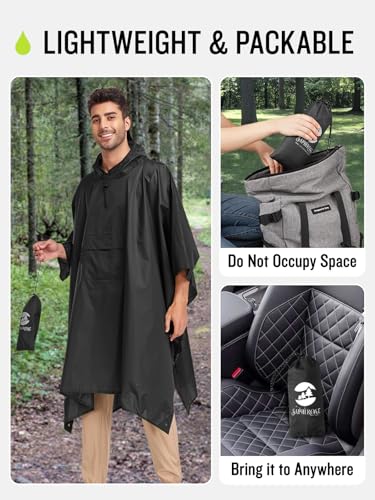 Waterproof Hooded Rain Poncho Jacket for Adults - Black