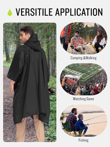 Waterproof Hooded Rain Poncho Jacket for Adults - Black