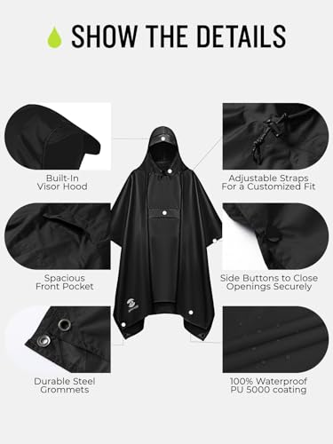 Waterproof Hooded Rain Poncho Jacket for Adults - Black