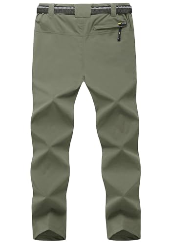 Men's Windproof Belted Hiking Pants, Lightweight Sage (L)