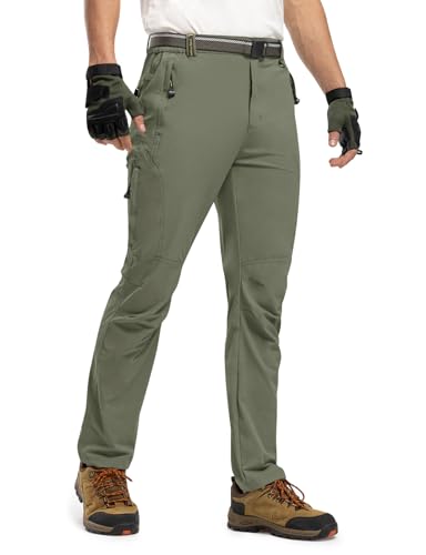 Men's Windproof Belted Hiking Pants, Lightweight Sage (L)