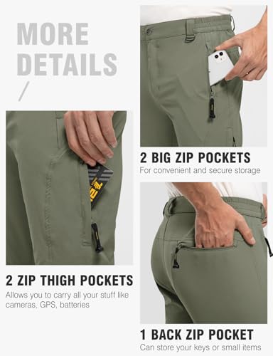 Men's Windproof Belted Hiking Pants, Lightweight Sage (L)