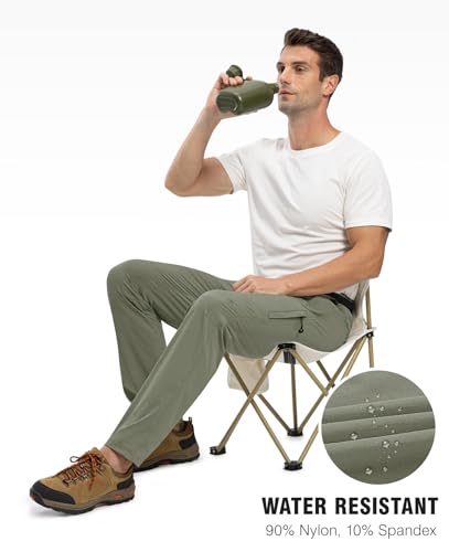 Men's Windproof Belted Hiking Pants, Lightweight Sage (L)