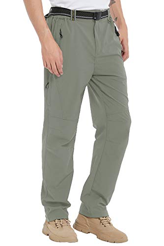 Men's Windproof Belted Hiking Pants, Lightweight Sage (L)