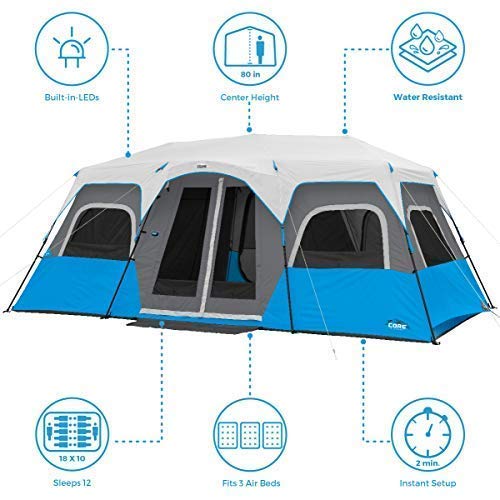 CORE 12 Person Instant Cabin Tent with LED Lights | Lighted Pop Up Camping Tent with Easy 2 Minute Camp Setup | Portable Large Family Cabin Multi Room Tents for Camping