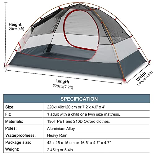 Night Cat Backpacking Tent 2 Persons with Aluminium Pole Camping Tent Adults Lightweight Rainproof Portable Easy Setup Two Doors Double Layers Hiking Mountaineering Outdoors 2.2x1.45m