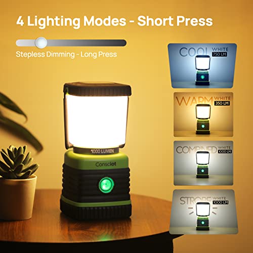 LED Camping Lantern, Consciot - 1000LM, 4 Light Modes, IPX4 Waterproof