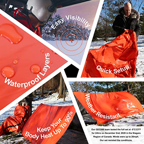 GEO360 Emergency Survival Tent Shelter with Sleeping Bag, Poncho, Whistle and Fire Starter (5 Piece Set)