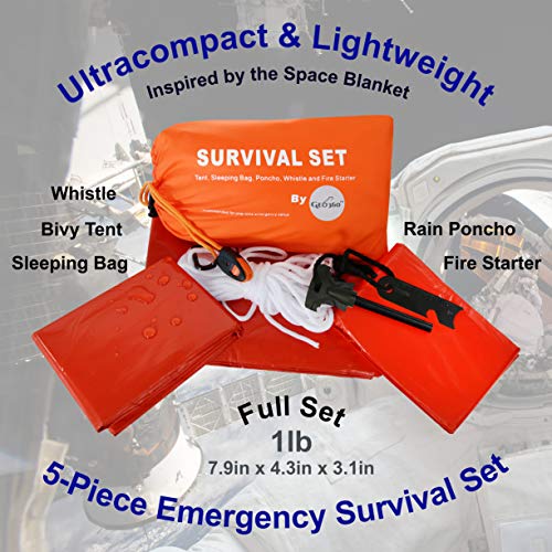 GEO360 Emergency Survival Tent Shelter with Sleeping Bag, Poncho, Whistle and Fire Starter (5 Piece Set)