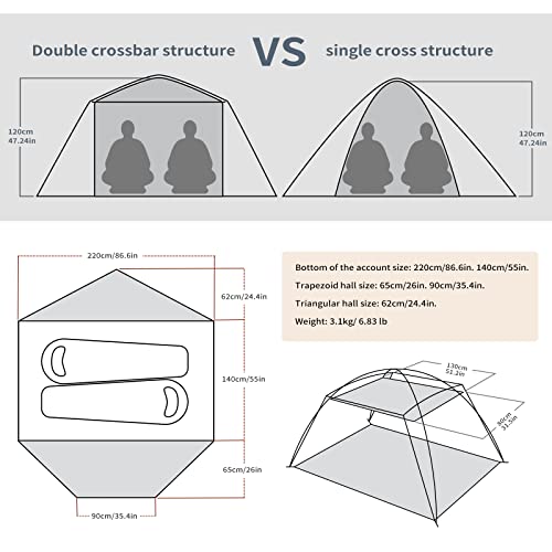 Unigear Space Dome 2 Person Tent- Spacious 2 Door/Vestibules Waterproof Tents for Camping Backpacking Hiking Fishing Travel - Ventilated
