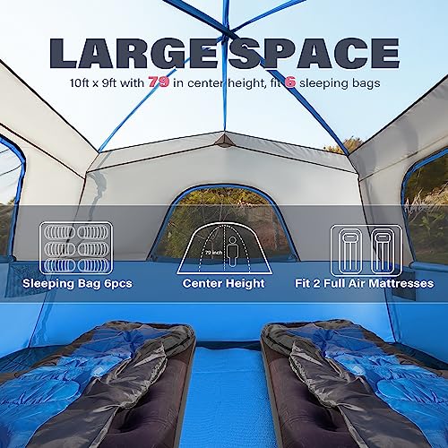 GoHimal Tents 6 Person for Camping,Easy Setup Waterproof Windproof Camping Tent,Double Layer Cabin Tent -10'X9'X79in(H) (Blue)