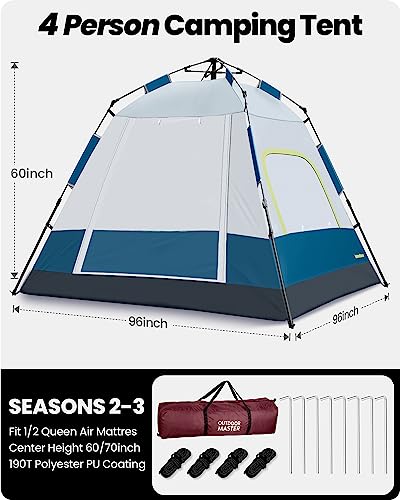 OutdoorMaster Tents, 4/6/8 Person Camping Tent with Dark Space Technology, Easy Setup in 60 Seconds, Weatherproof Pop Up Tent for Camping with Top Rainfly, Instant Cabin Tent (Upgrade Blue, 4 Person)