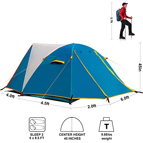 Camping Tent 2 Person, Aluminum Poles Tent with Bike Shed and Rainfly-Portable Dome Tents for Camping