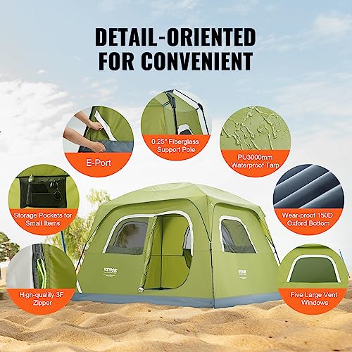 VEVOR Camping Tent, 10 x 9 x 6.5 ft Fit for 6 Person, Waterproof Lightweight Backpacking Tent, Easy Setup, with Door and Window, for Outdoor Family Camping, Hiking, Hunting, Mountaineering Travel