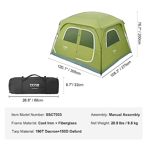 VEVOR Camping Tent, 10 x 9 x 6.5 ft Fit for 6 Person, Waterproof Lightweight Backpacking Tent, Easy Setup, with Door and Window, for Outdoor Family Camping, Hiking, Hunting, Mountaineering Travel