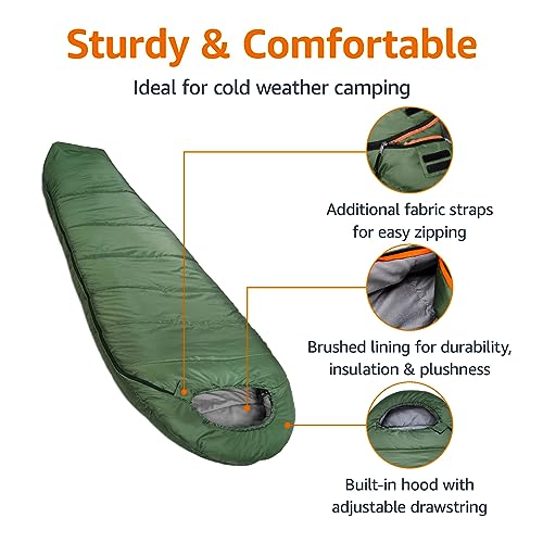 Amazon Basics 3-Season 20 Degree F Mummy Sleeping Bag for Camping and Hiking, Olive Green