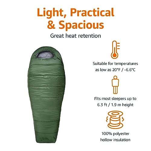 Amazon Basics 3-Season 20 Degree F Mummy Sleeping Bag for Camping and Hiking, Olive Green