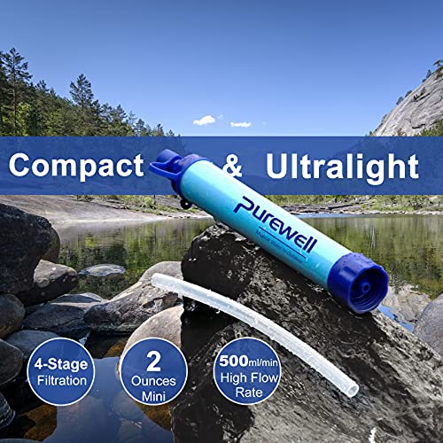 Purewell Outdoor Water Filter Personal Water Filtration Straw Emergency Survival Gear Water Purifier for Camping Hiking Climbing Backpacking