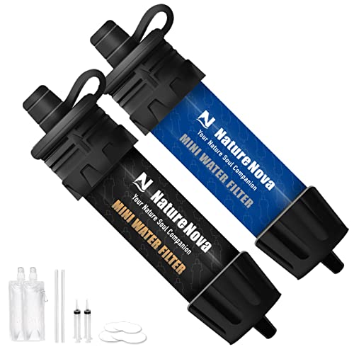 Mini Water Filter NatureNova Portable Emergency Water Filtration System Hiking Camping Straw Survival Gear Emergency Preparedness（Blue/Black, 2 Pack)