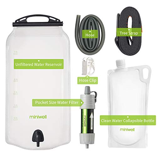 miniwell Gravity Water Filter Straw Ultralight Versatile Hiker Water Filter Optional Accessories. TUV Proven Emergency Kit Hurricane Storm Supplies. (Water Filter with Water Reservoir in Grey)