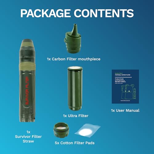 Survivor Filter Personal Water Purifier Survival Straw - Lightweight and Easy to Use Camping and Hiking Water Filter - Filters 99.999% of Tested Virus, Bacteria and Parasites - Portable Water Filter