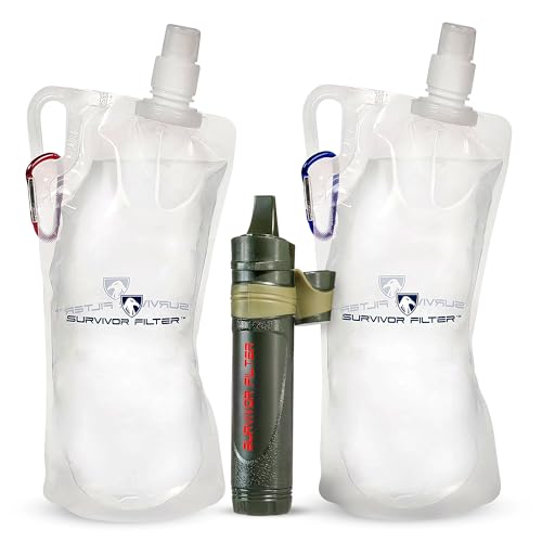 Survivor Filter Squeeze Kit - Water Purifier Survival Straw with Collapsible Water Bottle - Virus Tested Survival Straw with 3 Stage Filtration - Water Filter for Camping