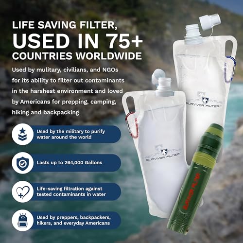 Survivor Filter Squeeze Kit - Water Purifier Survival Straw with Collapsible Water Bottle - Virus Tested Survival Straw with 3 Stage Filtration - Water Filter for Camping