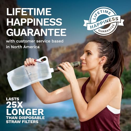 Survivor Filter Squeeze Kit - Water Purifier Survival Straw with Collapsible Water Bottle - Virus Tested Survival Straw with 3 Stage Filtration - Water Filter for Camping