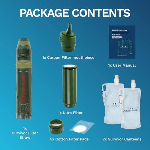 Survivor Filter Squeeze Kit - Water Purifier Survival Straw with Collapsible Water Bottle - Virus Tested Survival Straw with 3 Stage Filtration - Water Filter for Camping