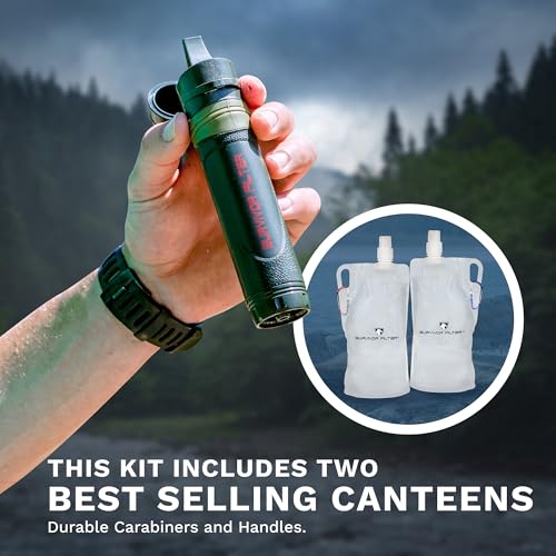 Survivor Filter Squeeze Kit - Water Purifier Survival Straw with Collapsible Water Bottle - Virus Tested Survival Straw with 3 Stage Filtration - Water Filter for Camping