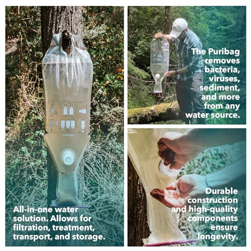 Puribag Gravity Water Filter - Portable Water Filtration System and Backpacking Water Filter for Camping, Hiking and Emergency Water Treatment - Hangs Anywhere