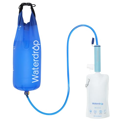 Waterdrop Gravity Water Filter Straw, Camping Water Filtration System, Water Purifier Survival for Travel, Backpacking and Emergency Preparedness, 1.5 gal Bag, 5 Stage Filtration, Orange