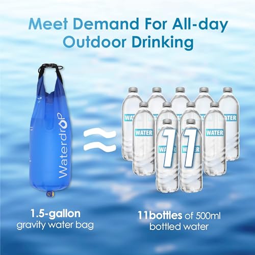 Waterdrop Gravity Water Filter Straw, Camping Water Filtration System, Water Purifier Survival for Travel, Backpacking and Emergency Preparedness, 1.5 gal Bag, 5 Stage Filtration, Orange