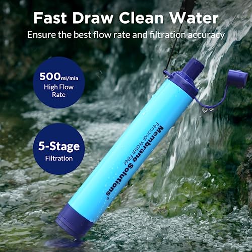 Membrane Solutions Portable Water Filter with A Official Carry Case, Emergency Water Filtration Straw Survival, Lightweight 5-Stage Water Purifier for Camping Hiking Backpacking and Tactical Gear