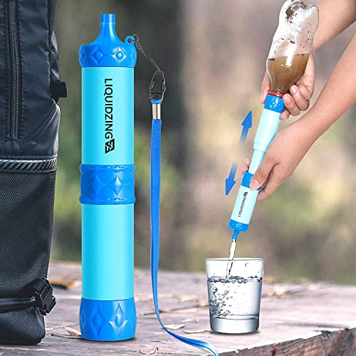 LIQUIDZING 4 Pack Water Filter Straw Hand Pump, Portable Mini Water Purifier Personal Water Emergency Preparedness Filtration System Life Survival Gear for Outdoors, Backpacking, Hiking, Camping